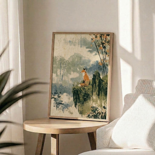 Contemplative watercolor artwork depicting a fox gazing across a forested cliff scene with layered trees in muted gold and charcoal against a soft cream sky.
