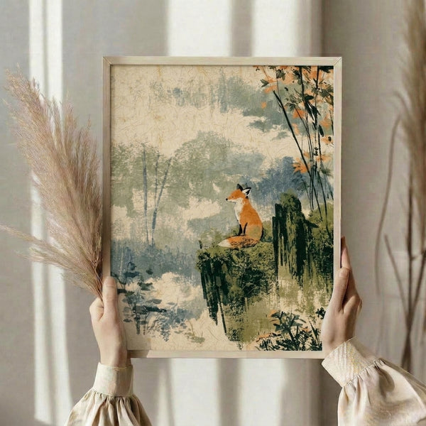 Minimalist watercolor forest landscape with a fox silhouette set against misty foliage in calming sage green and rust-orange tones, framed wall art.
