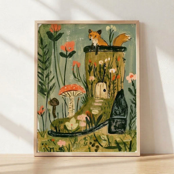 Whimsical folk art poster featuring a fox nestled among mushrooms, flowers, and plants in warm terracotta and sage green tones, framed on a wall.