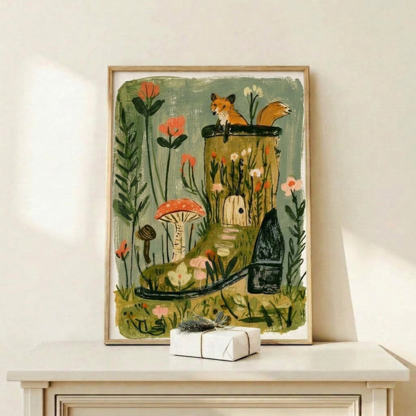 Cottagecore-style art print depicting a peaceful fox surrounded by botanical elements including toadstools and blooms in earthy cream and forest colors.