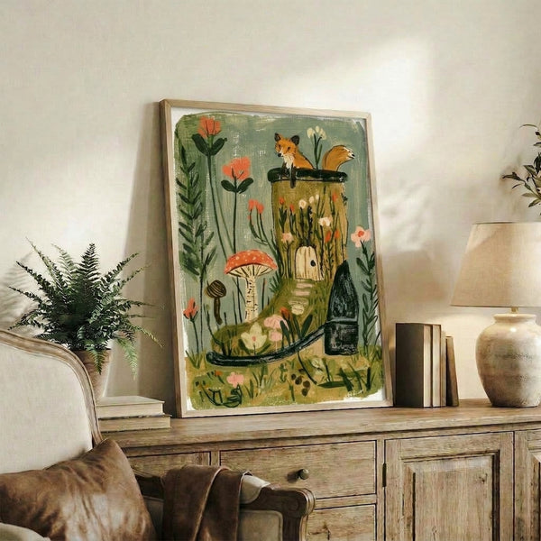 Boho folk art poster with a cozy fox illustration among flowering plants, mushrooms, and tree stumps rendered in soft sage, terracotta, and cream hues.