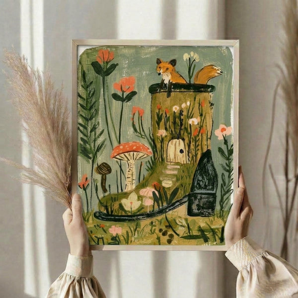 Nature-inspired cottagecore wall art featuring a serene fox amid whimsical mushrooms and flora in warm terracotta, sage green, and pale pink tones.