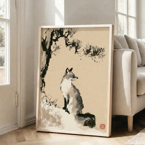 Serene ink wash artwork featuring a contemplative fox under drooping pine boughs with perched birds, monochromatic palette in cream and grey, framed as wall decor.