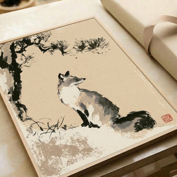 Wabi-sabi inspired ink wash print showing a peaceful fox beneath a bonsai pine tree with birds perched overhead, soft beige and charcoal tones on framed canvas.
