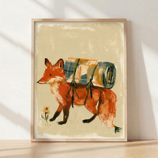 Whimsical watercolor folk art print of a fox carrying a bedroll and barrel on its back, rendered in warm burnt orange, cream, forest green, and mustard yellow tones.