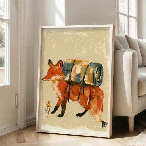 Cozy cottagecore-style framed poster featuring a charming fox with plaid bedding and floral accents, painted in soft watercolor with earthy autumn hues.