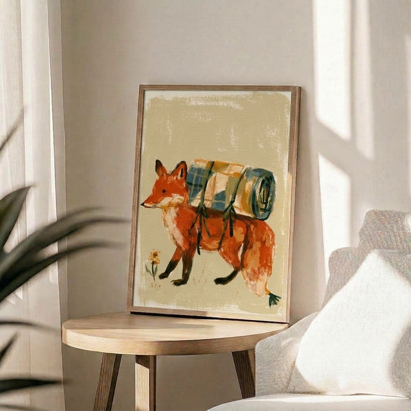 Adventurous folk art illustration of a fox backpacker with a barrel and bedroll, watercolor style in warm burnt orange and forest green palette.