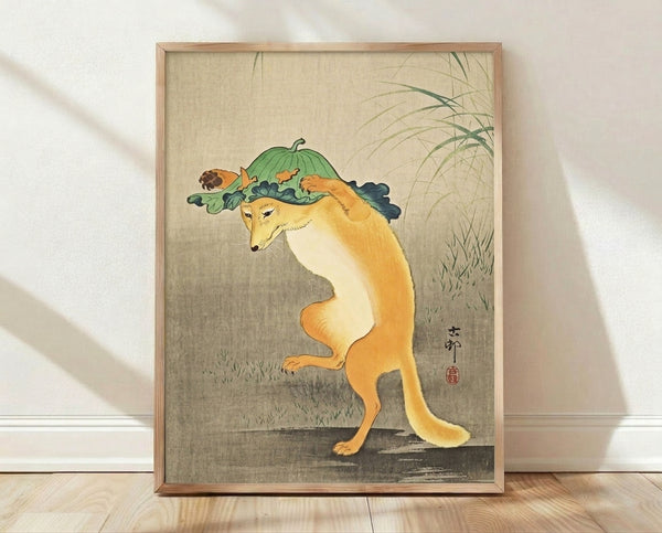 Whimsical fox seated with an orange melon in soft cream, green, and blue-gray tones, rendered in traditional Japanese woodblock style.