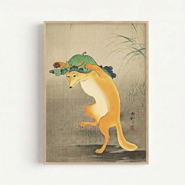 Playful Edo period-inspired artwork featuring a fox among gourds and grass, with serene Japandi aesthetic in warm and cool earth tones.