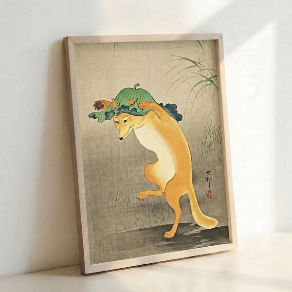 Japanese woodblock print of a contemplative fox with melon and vegetation, done in muted cream and green palette with dark blue accents.