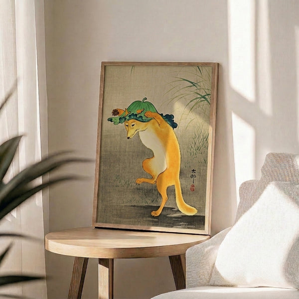 Serene Japandi wall art depicting a fox interacting with round fruit and foliage, executed in soft cream, orange, and muted blue-gray colors.