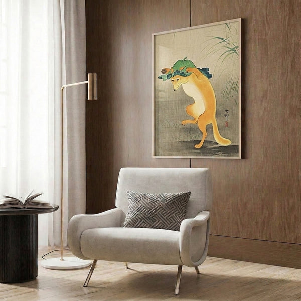 Traditional Japanese-inspired print of a playful fox surrounded by melon and grass in a palette of cream, green, orange, and dark tones.
