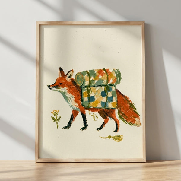 Whimsical watercolor illustration of a fox wearing a camping backpack, surrounded by wildflowers in burnt orange, forest green, and mustard yellow tones on a cream background, framed as a cottagecore-inspired art print.