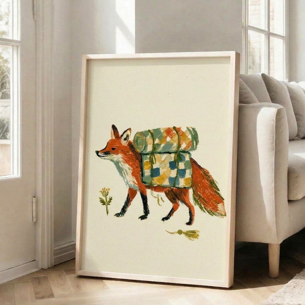 Cozy cottagecore watercolor poster featuring an adventurous fox with a packed backpack amid blooming wildflowers, rendered in warm burnt orange and earthy forest green hues.