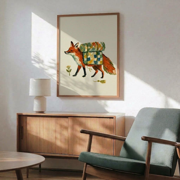 Enchanting framed watercolor artwork of a fox adventurer with backpack surrounded by wildflowers, blending cottagecore aesthetics with warm burnt orange, forest green, and cream colors.