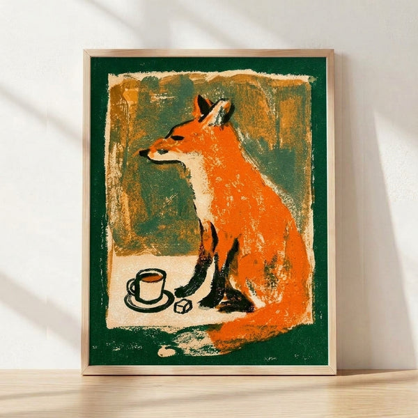 Retro folk art poster of an orange fox holding a steaming coffee cup, rendered in vintage woodland style with forest green and cream tones, evoking a cozy, nostalgic mood.