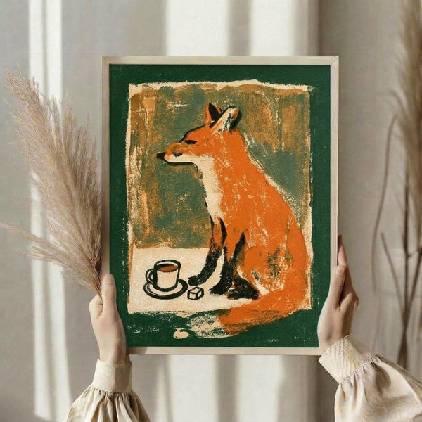 Whimsical vintage-inspired print featuring a charming fox with a coffee mug surrounded by earthy forest hues and folk art details in warm orange and green.