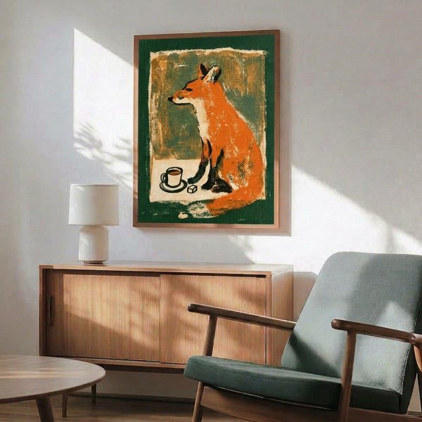 Cottagecore-style framed art print showcasing a playful orange fox clutching a hot beverage, illustrated with classic folk art patterns and a nostalgic woodland aesthetic.
