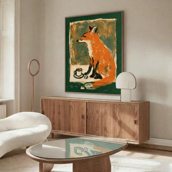 Cozy forest animal poster rendered in retro folk art style, depicting a cheerful fox enjoying coffee, with vintage color palette of warm oranges, forest greens, and cream.