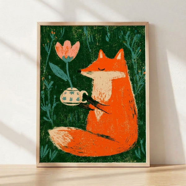 Whimsical folk art poster featuring a fox holding a teapot surrounded by blooming flowers and garden plants in forest green, burnt orange, and cream tones.