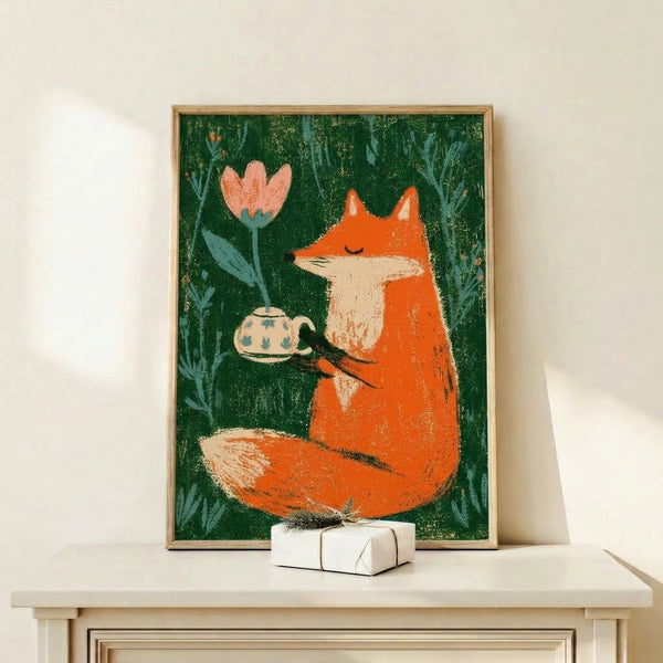 Cozy cottagecore-inspired framed art print showing a fox with a teapot amid wildflowers and foliage in earthy gold leaf, dusty blue, and warm color palette.