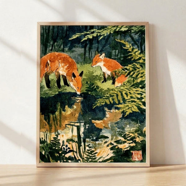 Watercolor painting of two rust-orange foxes by a forest stream surrounded by ferns and trees, rendered in serene Japanese woodblock style with forest green, navy, and cream tones.
