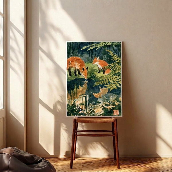 Japanese-inspired watercolor landscape with foxes exploring a forest stream amid dense vegetation, capturing a contemplative mood through muted palette of green, navy, rust, and pale yellow.