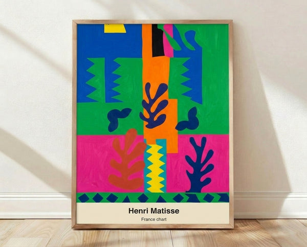 Abstract modern poster featuring vibrant cut-out shapes in bright blue, warm orange, soft yellow, and green on white, creating a joyful minimalist composition inspired by Henri Matisse's collage technique.