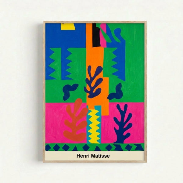 Framed contemporary art print with playful geometric cut-outs in bold blues, oranges, and yellows arranged in a balanced, decorative abstract design with a light, uplifting mood.