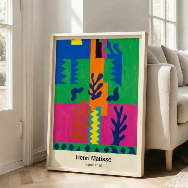 Vibrant abstract poster featuring Matisse-inspired cut-out shapes in bright blue, orange, yellow, and green hues, arranged as an energetic yet balanced modern composition on white.