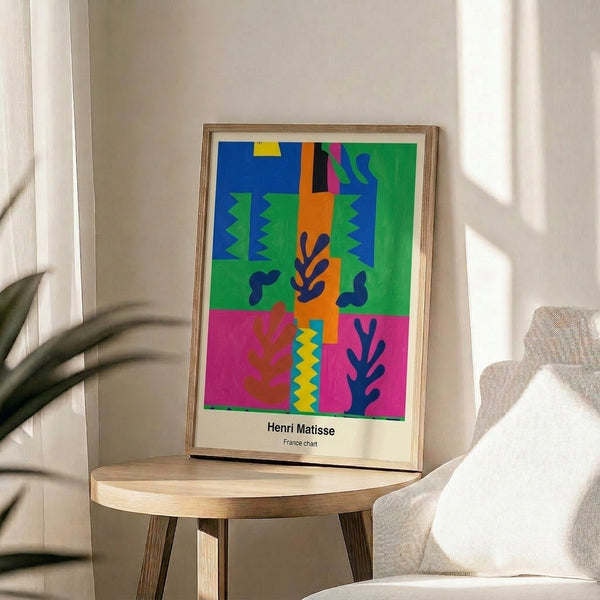 Contemporary art print with playful abstract cut-out elements in bold orange, blue, soft yellow, and green creating a decorative, joy-filled minimalist design perfect for modern interiors.
