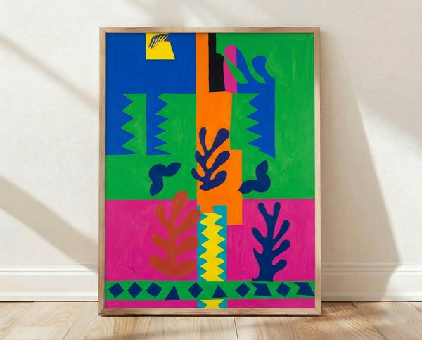 Abstract cut-out art print in bright blues, greens, and warm tones depicting a stylized France map in Matisse's characteristic modernist style.