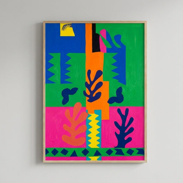Framed poster showcasing a colorful geometric interpretation of France with organic, flowing shapes in vibrant hues of blue, ochre, and seafoam green.