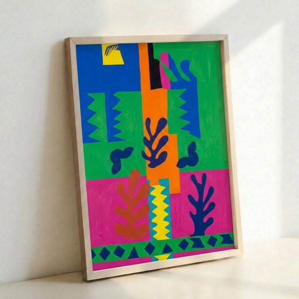 Modern wall art print featuring an abstract French map rendered in bold, flat colors with fluid cut-paper forms against a neutral background.