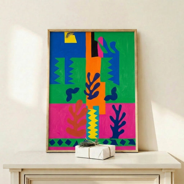 Vibrant abstract art print of France composed of playful organic shapes in contrasting blues, yellows, and greens in a Matisse-inspired cut-out technique.