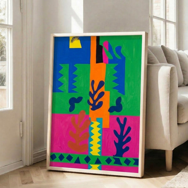 Contemporary framed poster displaying France as an abstract composition of interlocking geometric and curved forms in warm and cool color tones.