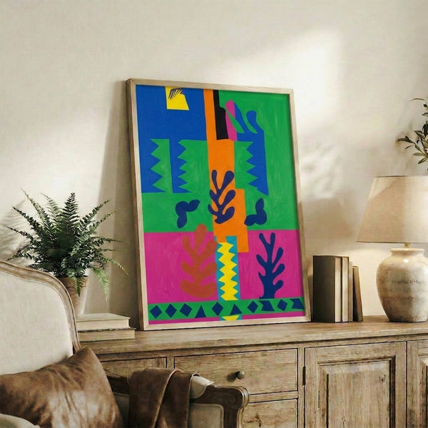 Matisse-style cut-out art print reimagining France's geography through bold, cheerful shapes in rich blues, greens, and earth-tone colors.