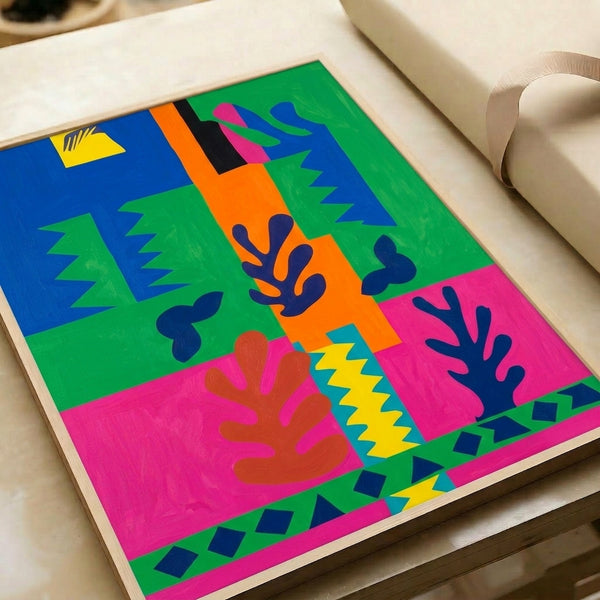 Abstract France chart poster featuring vibrant modernist design with flowing organic shapes and a striking palette of blues, ochres, and sage green tones.