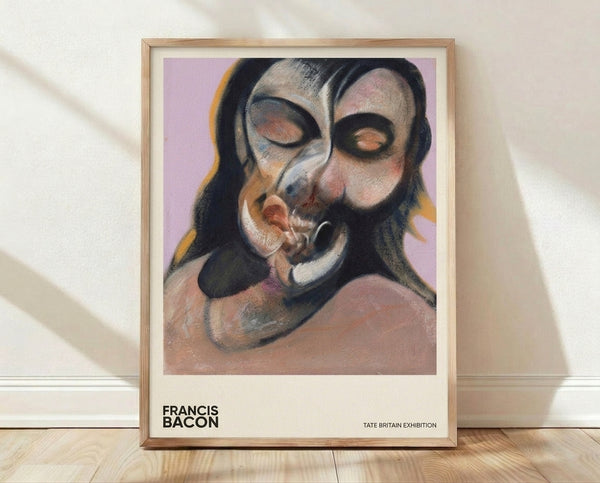 Abstract distorted portrait in lavender, ochre, and charcoal tones depicting a fragmented human head with an existential, psychologically intense mood.