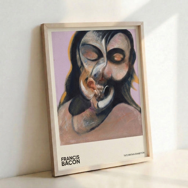 Abstract portrait poster featuring a warped human figure in lavender and ochre hues, capturing an intense and existentially disturbing aesthetic.
