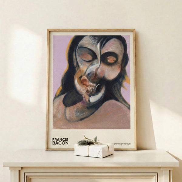 Charcoal and cream distorted head study with lavender undertones, presented as a framed print conveying psychological tension and existential unease.