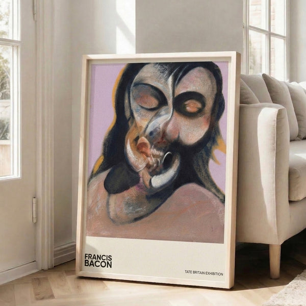 Fragmented abstract face in cream, ochre, and lavender tones; a psychologically intense portrait print exploring distortion and existential themes.