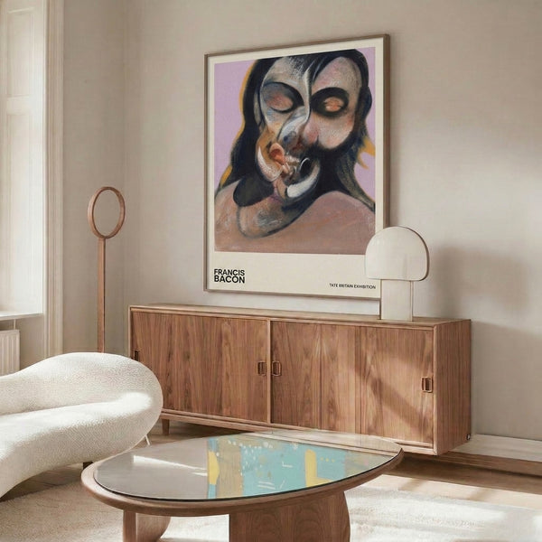 Existential abstract portrait poster with warped facial features in muted lavender, charcoal, and flesh tones creating an unsettling visual impact.