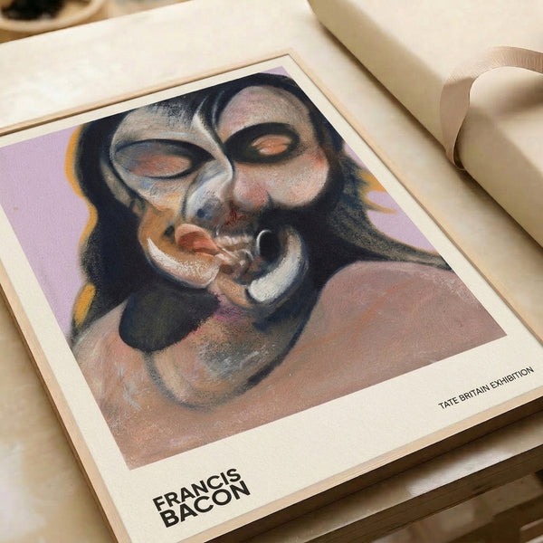 Framed abstract art print of a contorted human head rendered in cream, ochre, and charcoal with an intense, psychologically disturbing mood.
