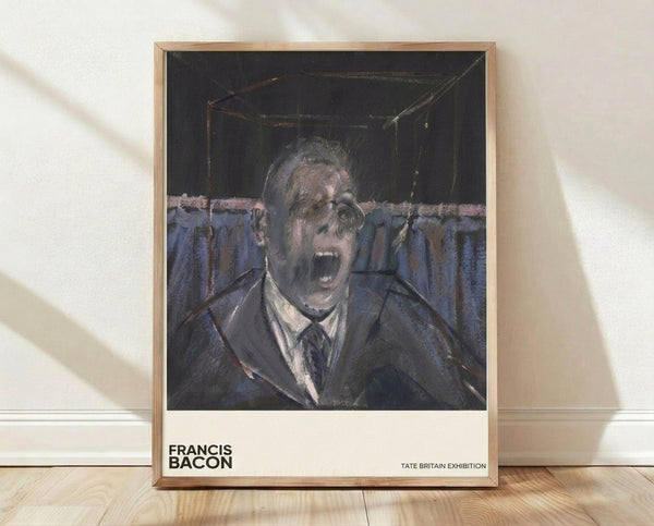 Abstract portrait of a screaming man rendered in charcoal grey, pale flesh tones, and deep blue; framed modern art print with visceral, anguished mood.