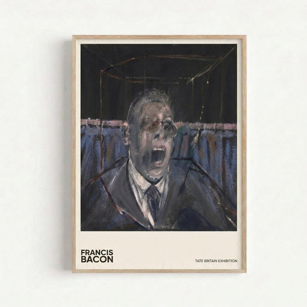 Francis Bacon-style study of a distorted male figure in rust brown and grey on a wall; intense expressionist portrait with raw emotional power.
