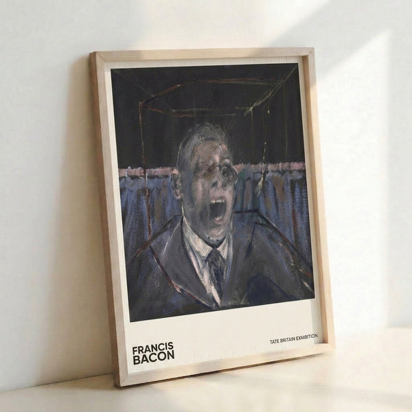 Anguished male portrait featuring bold charcoal and flesh tones with deep blue accents; framed contemporary art print in modern expressionist style.
