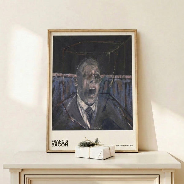 Screaming figure study in muted greys and pale tones with rust brown details; visceral abstract portrait print displayed on interior wall.