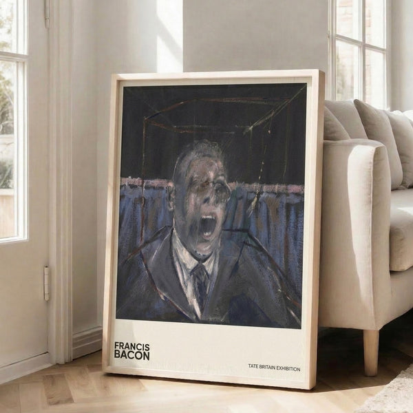 Expressionist male portrait with distorted features in charcoal, blue, and flesh tones; framed dark modern art print evoking psychological intensity.