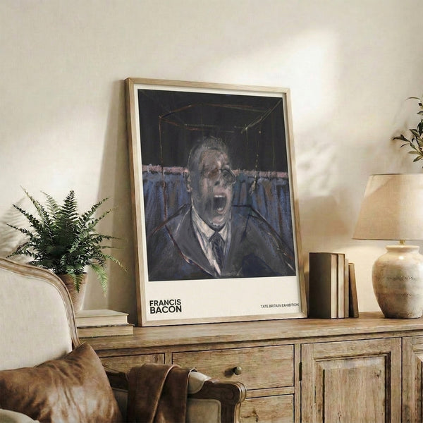 Contemporary portrait of a man in anguish rendered in grey, blue, and rust tones; framed modern art study with raw, visceral aesthetic.